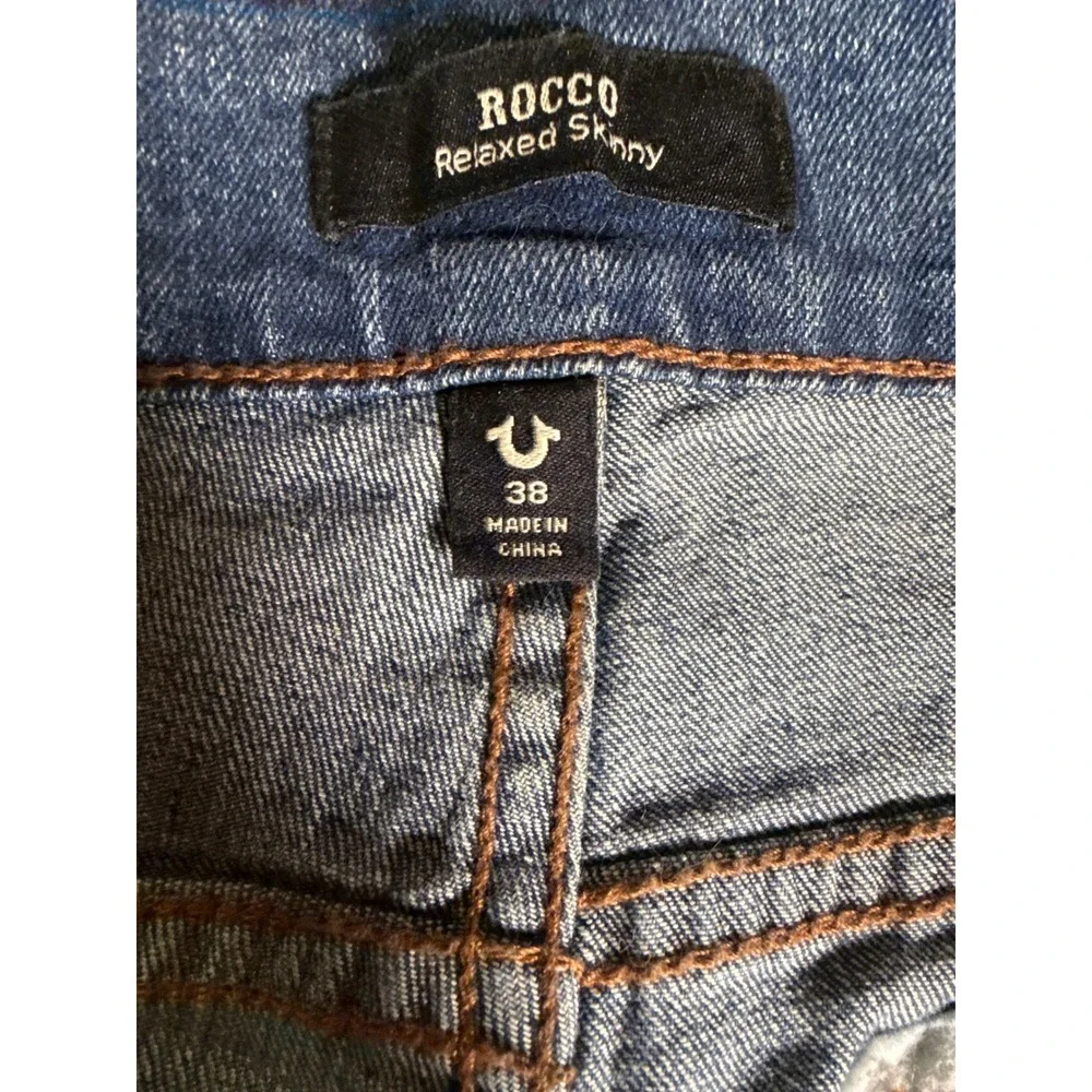True Religion Rocco Relaxed Skinny Jeans Mens 38 Medium Wash Teal Stitching
